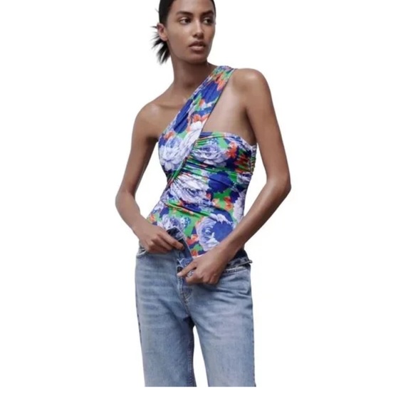 Zara Asymmetrical Neck Line Green Blue Orange Floral Bodysuit Blouse NWT Medium - Picture 8 of 8